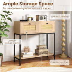 Rattan Console Table Boho Entryway Table with 2 Rattan Drawers and Open Storage Shelf