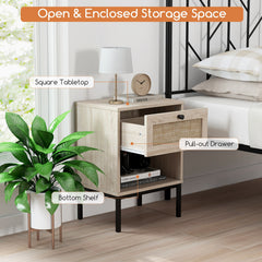 Rattan Nightstand Boho End Table with Rattan Drawer and Open Shelf