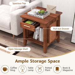 Rattan Nightstand End Table with Drawer and Storage Shelf-Walnut