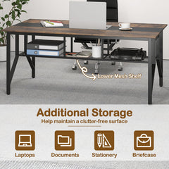 Rectangular Meeting Table with Mesh Storage Shelf and Cable Grommet-Rustic Brown