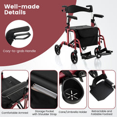Folding Rollator Walker with Seat and Wheels Supports up to 300 lbs-Red