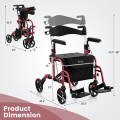 Folding Rollator Walker with Seat and Wheels Supports up to 300 lbs-Red