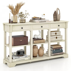 58 Inch Retro Console Table with 3 Drawers and Open Shelves Rectangular Entryway Table