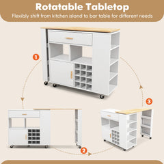 Reversible Folding Kitchen Island Cart with Wine Rack and Spice Rack