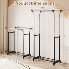 Rolling Clothes Rack Double Rod Garment Rack with Adjustable Height