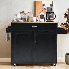 Rolling Kitchen Island Cart with Towel and Spice Rack-Black