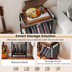 Rolling Record Player Stand 2-Tier with Vinyl Storage and Magazine Holder Bag
