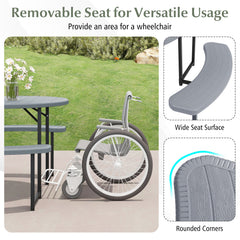 Round Picnic Table Bench Set with 4 Benches and Umbrella Hole for Patio Lawn-Gray