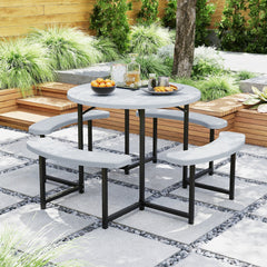 Round Picnic Table Bench Set with 4 Benches and Umbrella Hole for Patio Lawn-White