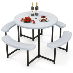 Round Picnic Table Bench Set with 4 Benches and Umbrella Hole for Patio Lawn-White
