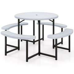 Round Picnic Table Bench Set with 4 Benches and Umbrella Hole for Patio Lawn-White