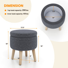 Round Storage Ottoman with Rubber Wood Legs and Adjustable Foot Pads