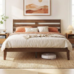 Twin Size Wood Platform Bed Frame with Slat Headboard