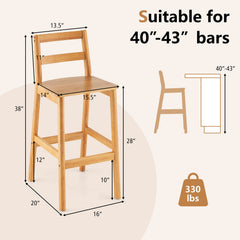 Set of 2 28 Inch Rubber Wood Armless Bar Stools with Backrest and Footrest-Natural