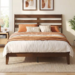 Twin Size Wood Platform Bed Frame with Slat Headboard