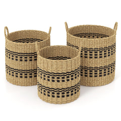 Seagrass Basket Set of 3 Stackable Storage Bins with Handles Woven Round Basket