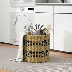 Seagrass Basket Set of 3 Stackable Storage Bins with Handles Woven Round Basket