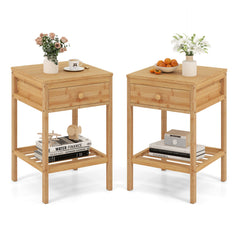 Set of 1/2 Bamboo Nightstand Bedside Table with Storage Drawer and Open Shelf