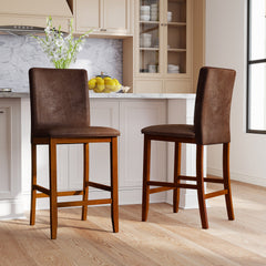 Set of 2 Counter Barstools with Rubberwood Legs and Upholstered Seat-Walnut