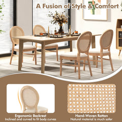 Set of 2 Dining Chairs French Style Kitchen Chair with Hand-Woven Rattan Backrest-Beige
