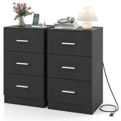 Set of 2 Nightstand with Charging Station End Table with 3 Storage Drawers Bedside Table for Bedroom