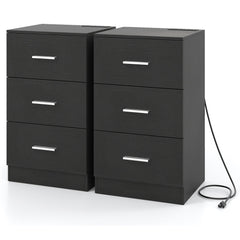 Set of 2 Nightstand with Charging Station End Table with 3 Storage Drawers Bedside Table for Bedroom