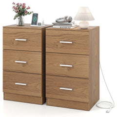 Set of 2 Nightstand with Charging Station End Table with 3 Storage Drawers Bedside Table for Bedroom
