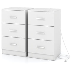 Set of 2 Nightstand with Charging Station End Table with 3 Storage Drawers Bedside Table for Bedroom