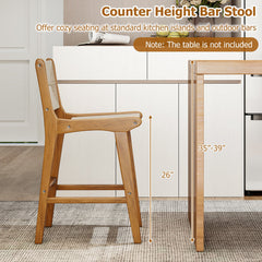 Set of 2 Outdoor Counter Height Bar Stool Woven Paper Rope Patio Barstool with Teak Wood Frame