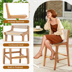 Set of 2 Outdoor Counter Height Bar Stool Woven Paper Rope Patio Barstool with Teak Wood Frame
