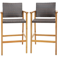 Set of 2 PE Wicker Patio Bar Chairs with Acacia Wood Armrests-Set of 2