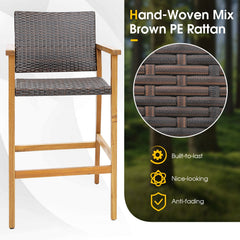 Set of 2 PE Wicker Patio Bar Chairs with Acacia Wood Armrests-Set of 2