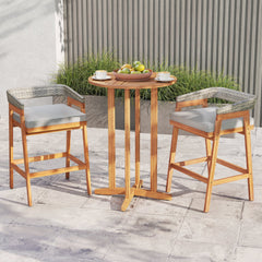 Set of 2 Patio Acacia Wood Counter Height Bar Stools with Cushions and PE Wicker Backrests Footrests-Gray