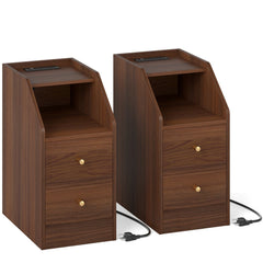 Set of 2 Side End Tables with Charging Station Sofa Couch Tables with Shelf Drawers