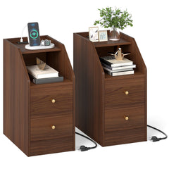Set of 2 Side End Tables with Charging Station Sofa Couch Tables with Shelf Drawers