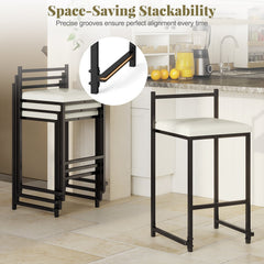 Set of 2 Stackable Counter Height Bar Stools PU Leather Upholstered with Footrest-Black