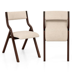 Set of 2 Wooden Folding Dining Chair with Linen Fabric Padded Seat and Backrest