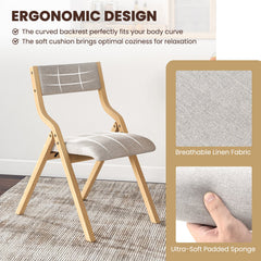 Set of 2 Wooden Folding Dining Chair with Linen Fabric Padded Seat and Backrest