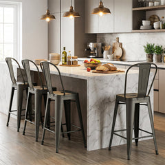 Set of 4 Metal Bar Stools with Backrests and Footrests