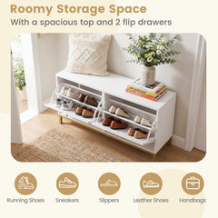 Shoe Storage Bench Narrow Entryway Bench with 2 Flip Drawers Adjustable Shelves-White