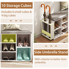Shoe Storage Bench with Umbrella Stand and Adjustable Shelf-White