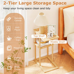 Side Table Set of 2 with Storage Shelves and Bamboo Construction-Natural