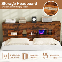 Slatted Full Bed Frame with LED Lights and Storage Headboard No Box Spring Needed-Full Size