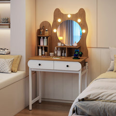 Small Vanity Desk with Mirror and Lights Cute Kitty Makeup Table with Power Outlets-Natural
