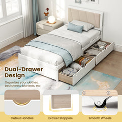 Solid Wood Structure Bed Frame with 2 Drawers Upholstered Headboard-Twin Size