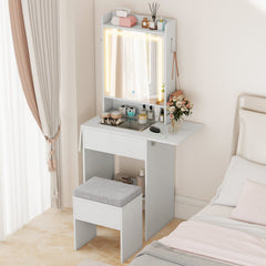 Space-saving Vanity Desk with Mirror and Lights for Bedroom
