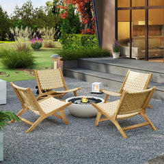 Teak Wood Patio Chair Armless with Webbing Seat and Backrest-Natural