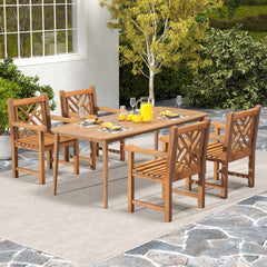 Teak Wood Patio Dining Chair with Slatted Seat Cross-Rhombus Backrest and Solid Legs