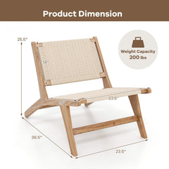 Teak Wooden Chair with Braided Rope Seat and Backrest for Backyard