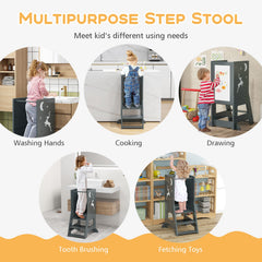 Toddler Kitchen Stool Helper Baby Standing Tower with Chalkboard and Whiteboard-Gray